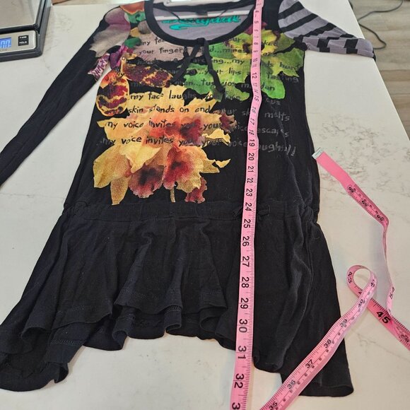 Desigual Damen Black Floral Stripe Tunic Top Sz Medium Asymmetric Hem - Picture 14 of 16